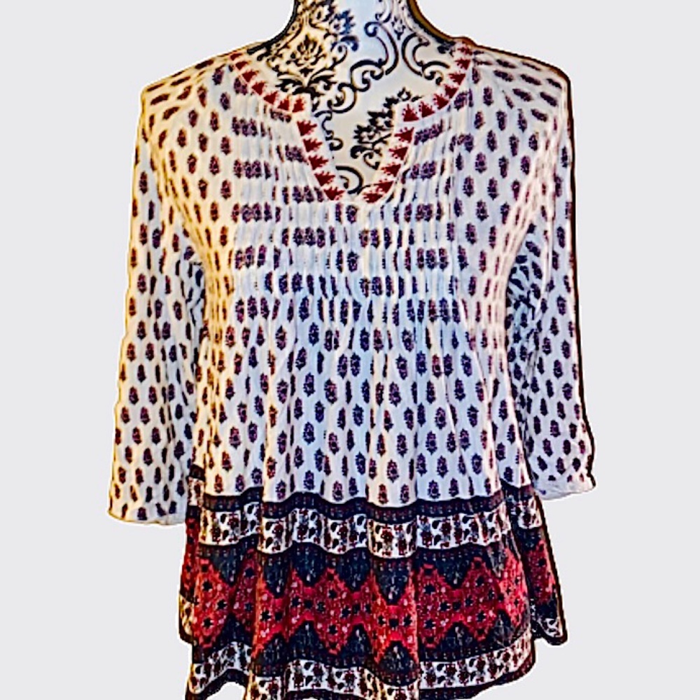 Vintage America Blues Women's Small Split Neck 3/4 Sleeve Smocked Peasant Blouse